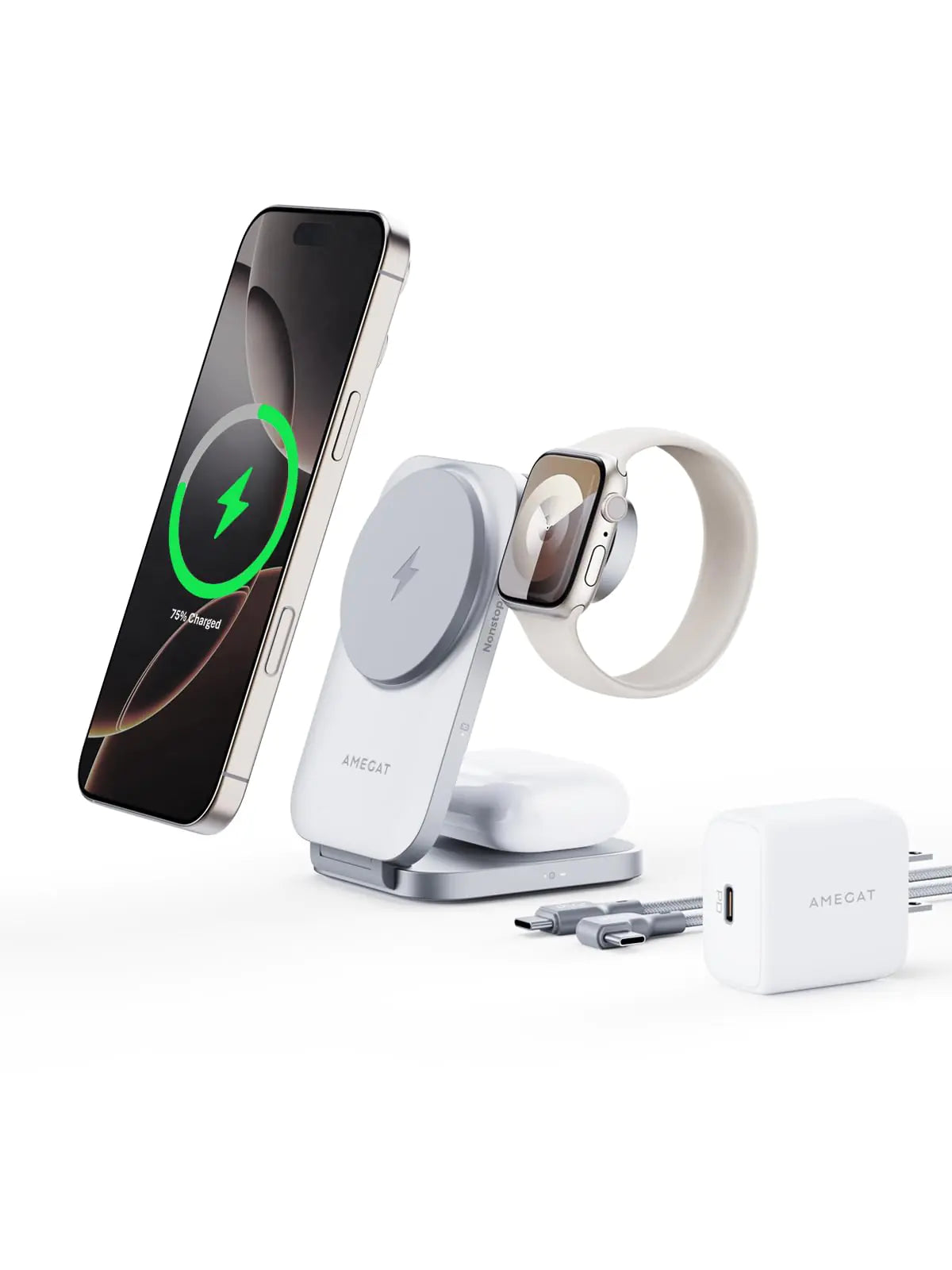 AMEGAT MagFusion Z 3-in-1 Charging Station Compatible with MagSafe Qi2 Certified 15W Wireless Foldable Charger for iPhone 16/15/14/13/12 Apple Watch AirPods 4/3/2/Pro Silver