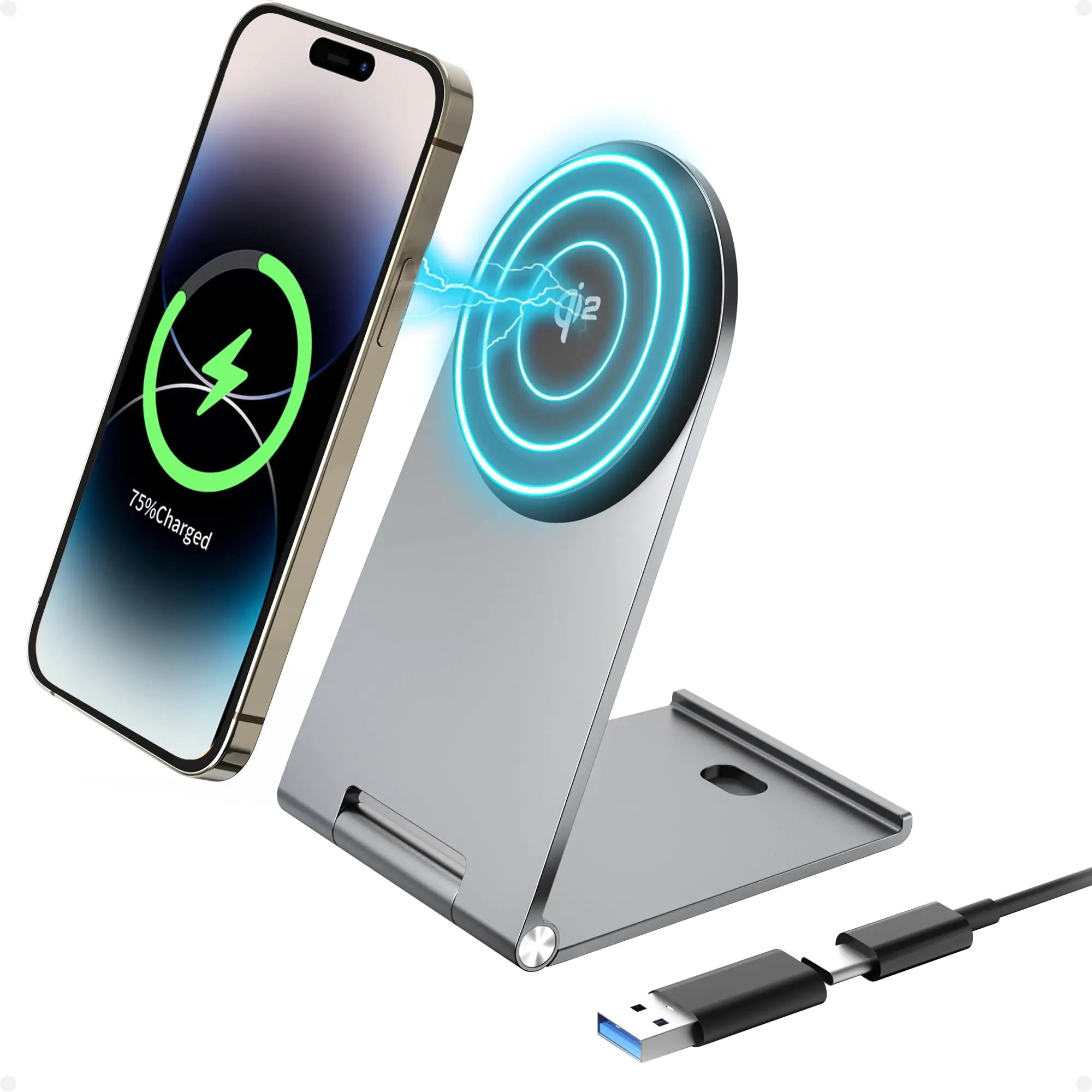 Wireless Charger Stand Qi2 Certified Mag-Safe 15W Fast Charging avedio links Foldable Portable Magnetic Wireless Charging Station Compatible with iPhone 16/15/14/13/12 Series AirPods (Silver)