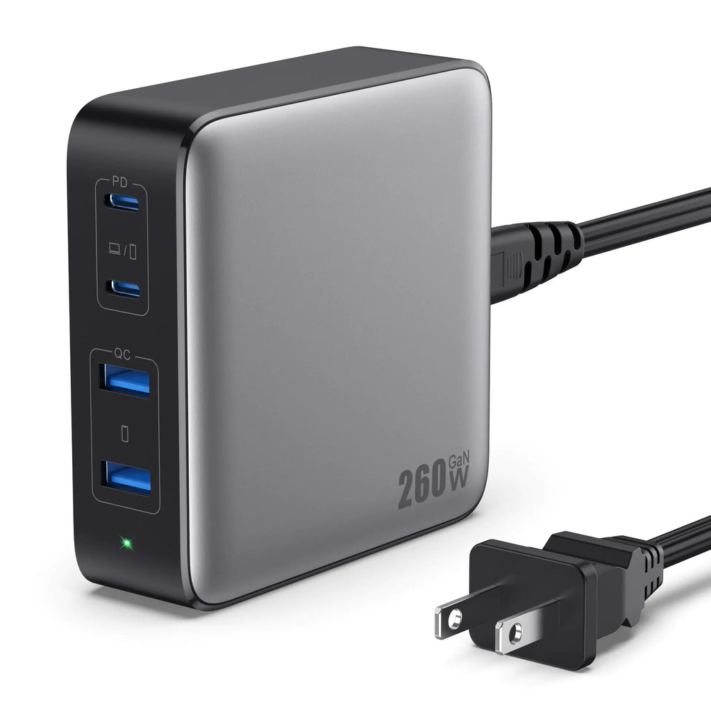USB C Charger 260W 4-Port Fast Charging GaN Desktop USB C Charging Station100W USB C Laptop Charger Compatible with MacBook Pro/Air iPad ProDell XPS iPhone 15/14Samsung S23 All USB C Device