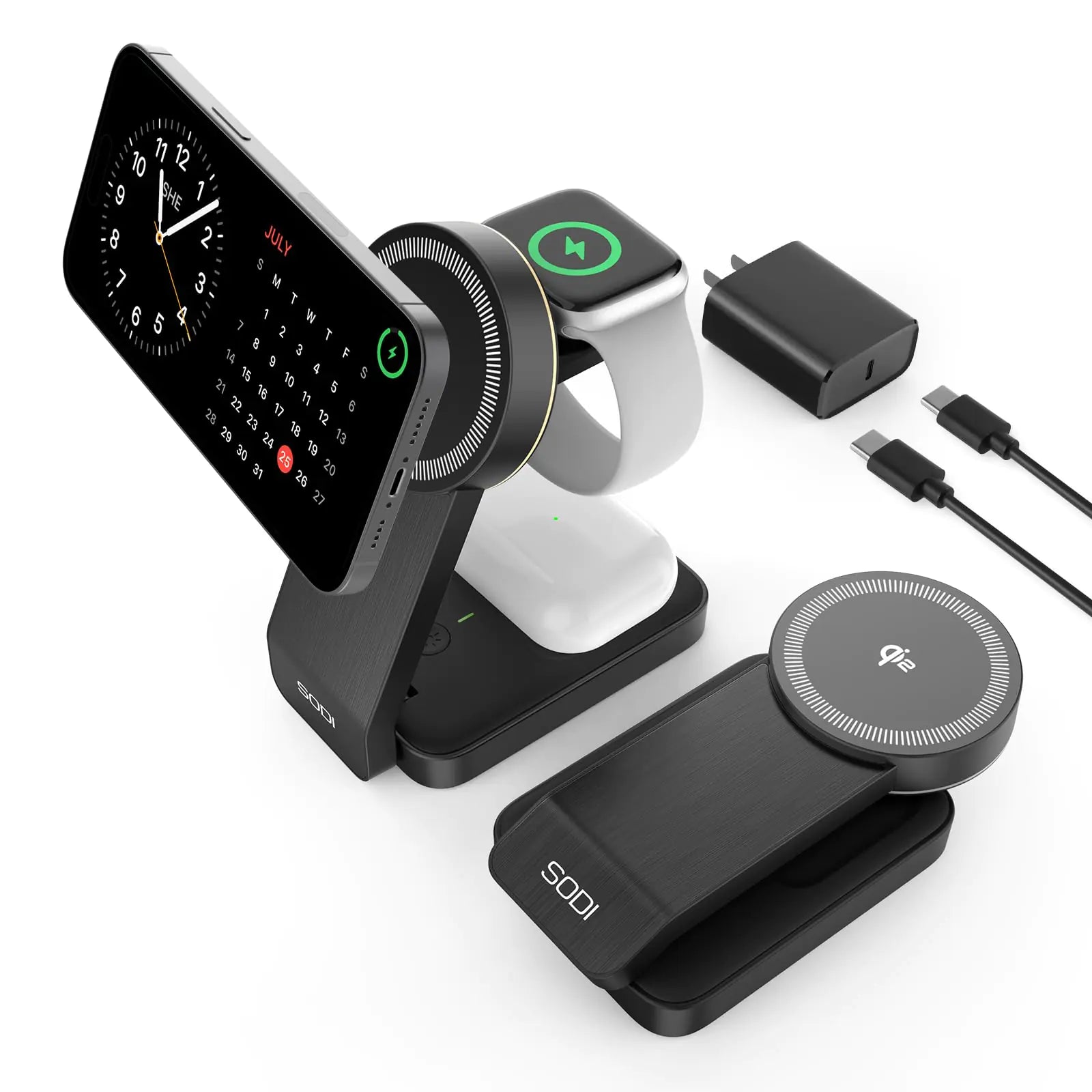 SODI QI2 3-in-1 Charging Station for Multiple Devices - 15W Qi2 Mag-Safe Charger Stand for iPhone Apple Watch & AirPods Wireless Charger for Multiple Devices iPhone 16/15/14/13&Watch&AirPods