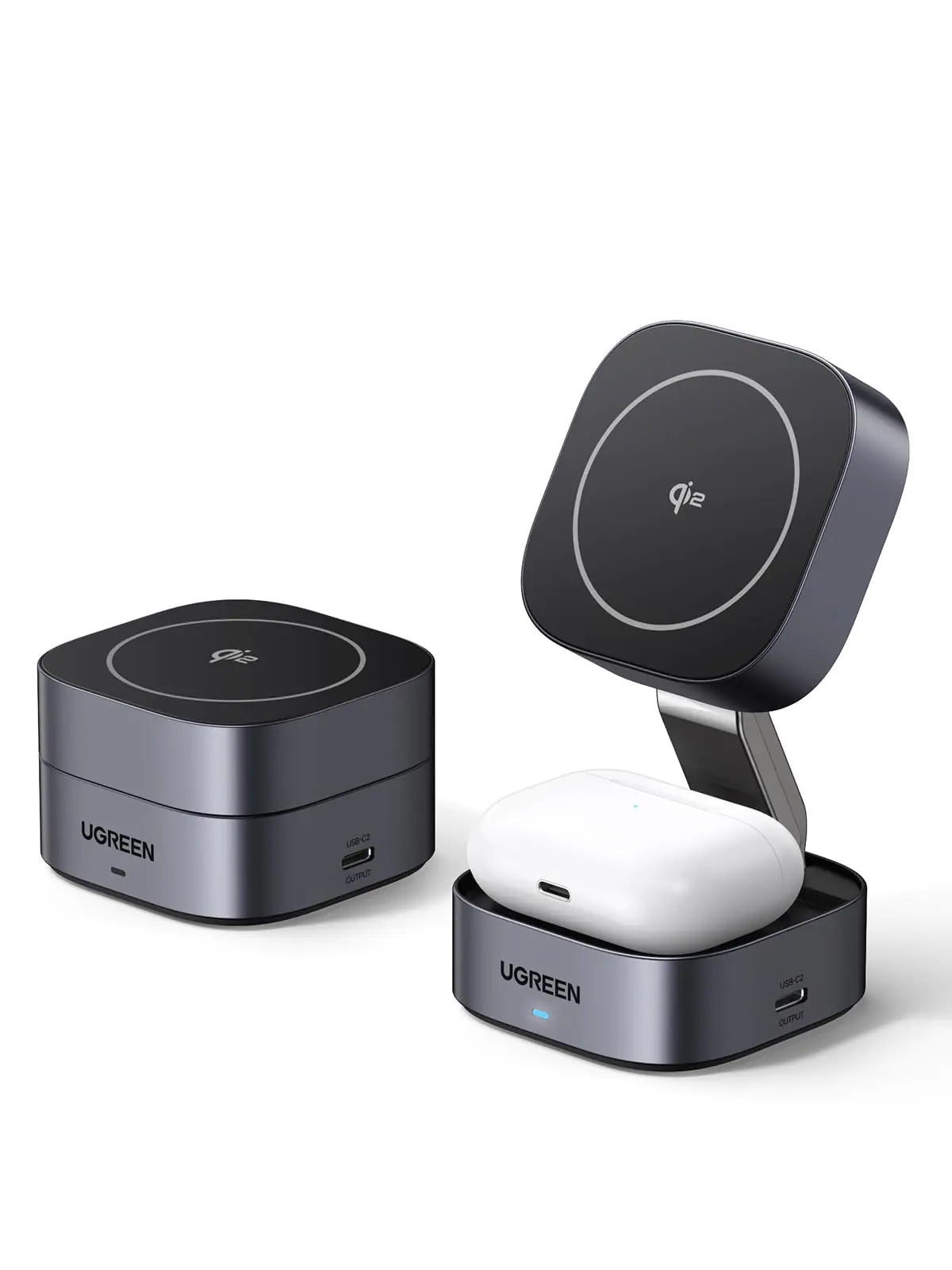 UGREEN MagFlow Qi2 Magnetic Foldable Charging Station 2-in-1 Fast Wireless Charger Compatible with iPhone 16 15 14 13 12 Airpods3 2 Pro (No AC Adapter)